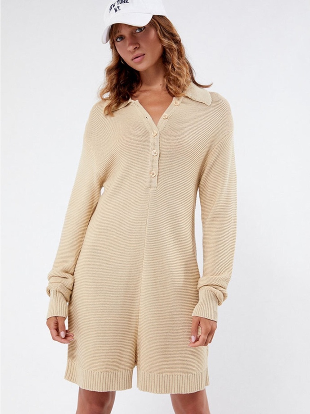 NWT WeWoreWhat Knit Romper Cream Brule Half Button Lounge Small